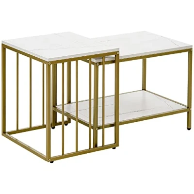 Image de HOMCOM Lot de 2 Tables Basses gigognes carrés Plateau Blanc Aspect marbre et Pied en métal doré