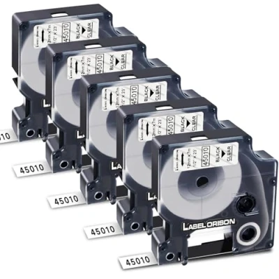 Image de Label Orison Lot de 5 rubans d&#039;étiquettes rechange compatibles Dymo 45010 Noir sur transparent 12 mm x 7 m Pour LabelManager LM160 LM210D LM260P LM280 LM360D LM420P