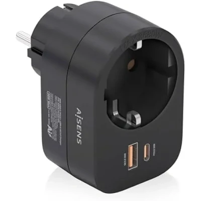 Image de AISENS ASPS 1A1C07 BK Multiprise Murale Multifonction avec 1 Prise + x USB C 20 W PD3.0, A QC3.0, Noir