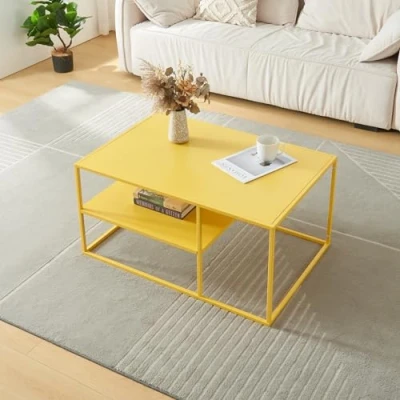 Image de [en.casa] Table Basse du Salon Rectangulaire Acier Solide Robuste Étagère de Rangement 45 x 90 60 cm Jaune