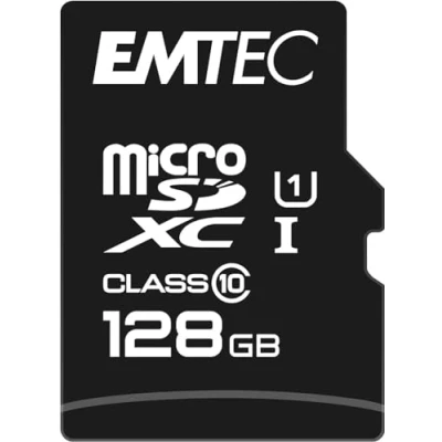 Image de EMTEC ECMSDM128GXC10GP Carte microSD Classe 10 Gamme Elite Gold UHS I U1 Avec adaptateur Performance Vitesse de lecture jusqu&#039;à 85MB/s Noir/Or 128 Gb