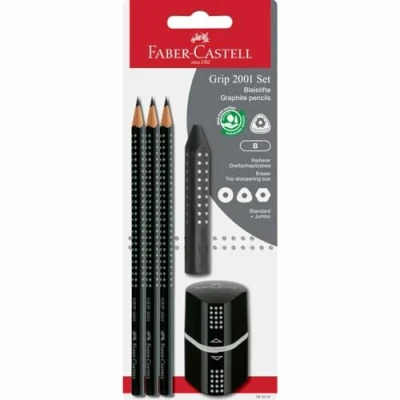 Image de FABER CASTELL 580024 Set de crayons Grip 2001, 5 pièces avec 3 crayons, gomme et taille crayon, noir