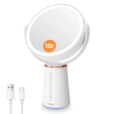 Image de Auxmir Miroir Maquillage Lumineux Grossissant 10X/1X, Double Face avec Eclaire Variable et Rotation 360, Cosmétique de Table sur Pied Rechargeable 2500mAh pour Soin du Visage