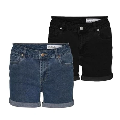Image de VERO MODA Short Femme Denim Vmluna Mr Fold Mix GA, Lot de 2 (Bleu Moyen/Noir), XL