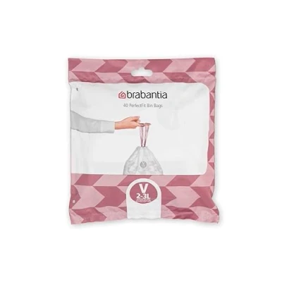 Image de Brabantia Sacs Poubelle PerfectFit (Code V/2 3 Litres) Ultra Résistant, Poignées Coulissantes (40 Sacs) 100253 23,5 x 29 Blanc