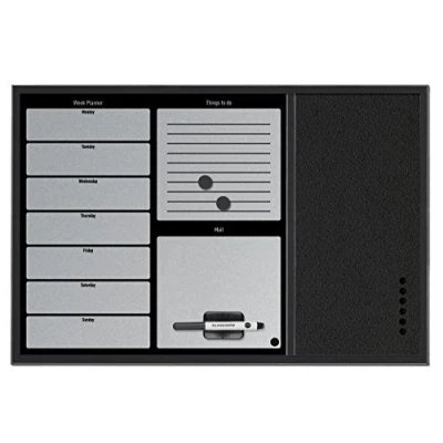 Image de Bi Office Tableau Mixte avec Planning Hebdomadaire et Messages + Courrier Panneau en Feutre Argent Cadre Noir Argenté 60x40