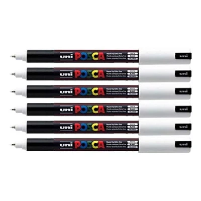 Image de Posca Uni PC 1MR Lot de 6 marqueurs peinture blanche ultra fins avec pointe 0,7 mm pour écrire sur n&#039;importe quelle surface en tissu, verre, pierre, métal, bois, plastique