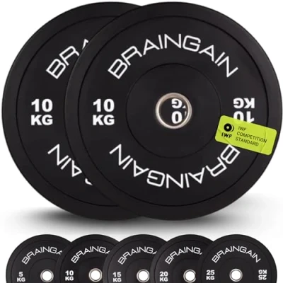 Image de BRAINGAIN Paire de disques pare chocs olympiques noirs 10 kg (2 x kg), poids en caoutchouc solide 5,1 cm pour entraînement force et haltérophilie