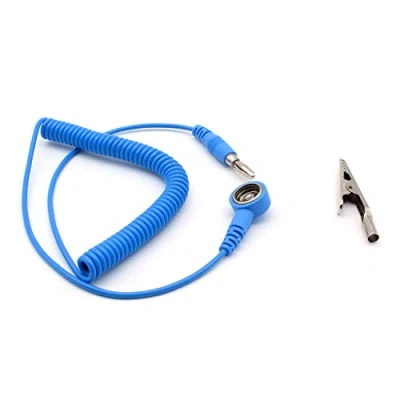 Image de QUADRIOS GmbH 1903EC013 Câble spiralé de protection ESD 10 mm avec bouton poussoir et adaptateur professionnel pour accessoires antistatiques (conforme à la norme EN 61340 5 1)