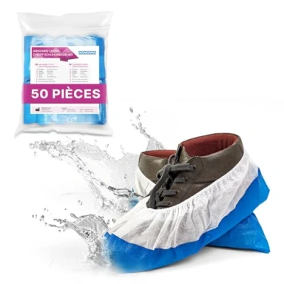 Image de ARNOMED CPE+PP Surchaussures jetables, PP sur chausson jetable avec semelle de CPE bleue, 50x couvre chaussure, protege chaussures jetables taille unique (17x40cm), pour le chantier