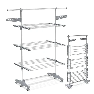 Image de vounot Séchoir à Linge Pliable avec roulettes Grande Capacité Etendoir en Acier Inoxydable Ailes Pliables sur 3 Niveaux 23m de Séchage pour Usage Intérieur/Extérieur