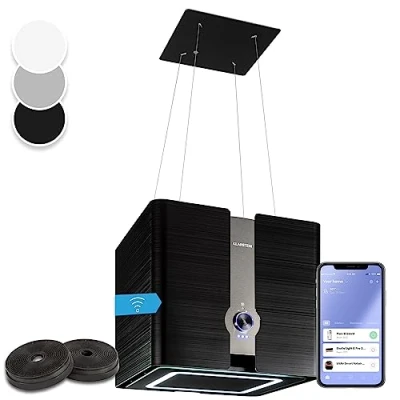 Image de KLARSTEIN Futurelight Smart hotte aspirante suspendue à recyclage d&#039;air avec une puissance d&#039;évacuation de 420 m3/h, îlot éclairage LED, inox Noir