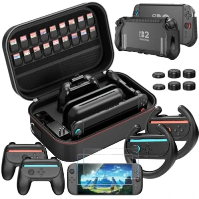 Image de HEYSTOP Étui pour Nintendo Switch 2 Kit d&#039;accessoires avec Housse de Protection 2, Dockable Coque Film Trempé Volant Course et Grip Joy Con Manette