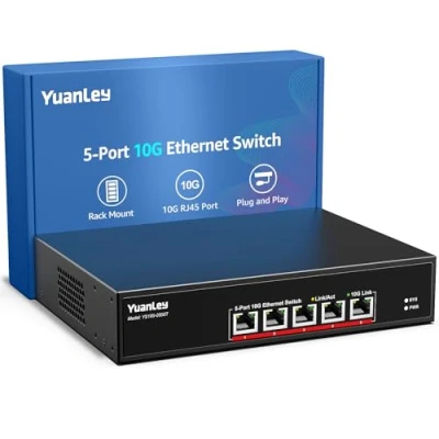 Image de YuanLey 5 Port 10G Commutateur Ethernet, Ports RJ45 10Gbps, Vitesse Auto Négociée 10G/5G/2,5G/1G/100M, Capacité de Commutation 100Gbps, Non Administrable, Montable en Rack, Plug and Play