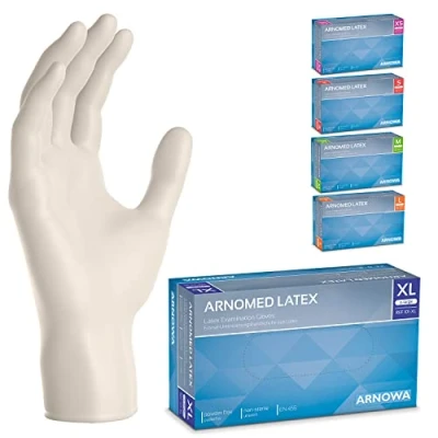 Image de ARNOMED gants latex jetables XL, blanc, chirurgicaux non poudrés, 100 pièces/boîte, à usage unique, en latex, gant disponibles tailles XS, S, M, L &amp; XL
