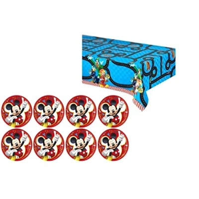 Image de ALMACENESADAN, 4888, pack Mickey composé d&#039;une nappe super pilotes de 120 x 180 cm et 8 assiettes en carton 23 cm, idéal pour les fêtes anniversaires. (8435510348885)
