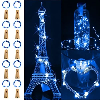 Image de XhuangTech Lot de 10 guirlandes lumineuses avec bouchon en liège, 2 m, 20 LED pour bouteilles, fil cuivre, fonctionne à piles, lumière gin, vin (bleu)