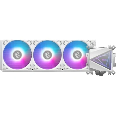 Image de MSI MAG CORELIQUID I360 WHITE Watercooling AIO Large plaque froide en cuivre, ARGB sur tête de bloc et ventilateurs LDB, waterblock à double chambre, radiateur Split Flow, compatible Intel &amp; AMD