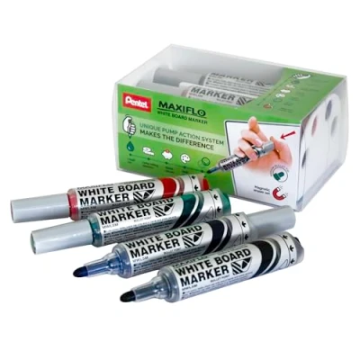 Image de Pentel Maxiflo Brosse pour tableau blanc + 4 Marqueurs à pointe conique large Noir/Blanc/Rouge/Vert
