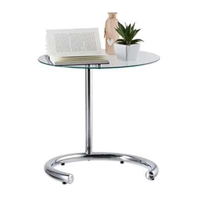 Image de Relaxdays 10024551 d&#039;appoint réglable en hauteur max. 70 cm, chromée, ronde, Table café, surface verre 46 cm Ø, argenté, acier, 1 élément