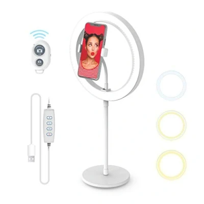 Image de DigiPower DP VRLK10 Anneau Lumineux avec Pied, 3 Modes d&#039;éclairage et 10 Niveaux de luminosité, Support pour Smartphone (iOS/Android), télécommande sans Fil, Maquillage, Youtube, TikTok, Vlogging