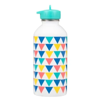 Image de gourde enfant Acier inoxydable DRAEGER PARIS Facile à nettoyer réutilisable Idéale pour voyage, parc, école Contenance 300ml 17 cm x 6,5 Blanc Triangles multicolores