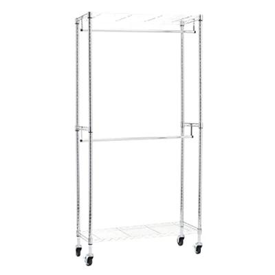 Image de Amazon Basics Portant à double tringle avec roulettes, Chromé, l 91 cm x 35,5 H 183