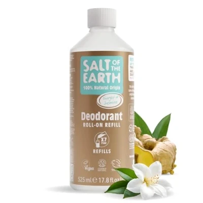 Image de Natural Deodorant Roll On Refill by Salt of the Earth, Ginger &amp; Jasmine Vegan, Long Lasting Protection, Leaping Bunny Approved, Made in UK 525ml