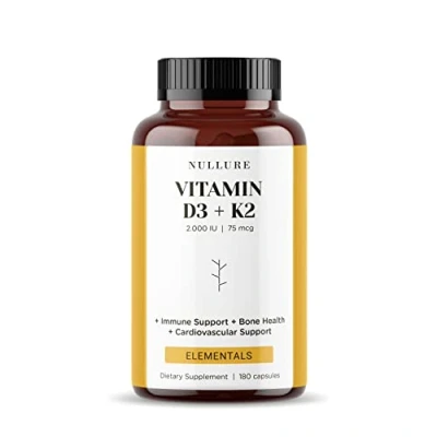 Image de Nullure Vitamine D3 K2 (MK7) Natural 2000 UI Formulation quotidienne équilibrée pour une assimilation facile I Système Immunitaire · Cardiovasculaire Os Dents Muscles 180 gélules (6 mois)