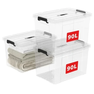 Image de Cetomo 90L * 3 boîte de rangement en plastique, fourre tout, récipient d&#039;organisation avec couvercle durable et boucles verrouillage sécurisées, lot 3, transparent boucle noire