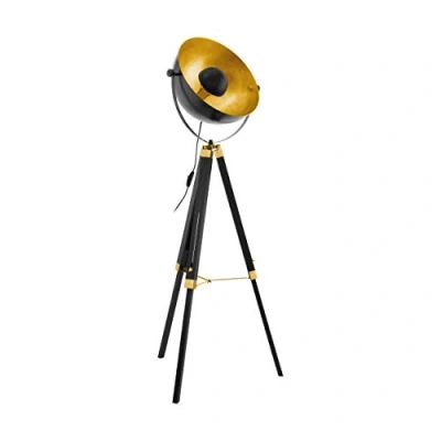 Image de Eglo lampadaire COVALEDA, lampe de sol à flamme industriel, vintage, sur pied en bois et acier, salon noir, or laiton, avec interrupteur, douille E27