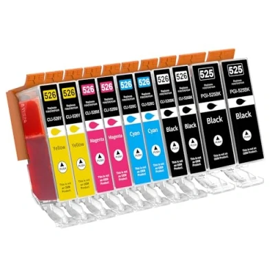 Image de 10 Cartouches d&#039;encre avec Puce Compatible Canon 525 526 PGI CLI pour Pixma IP4850 IP4950 IX6550 MG5140 MG5150 MG5240 MG5250 MG5340 MG5350 MX715 MX885 MX895