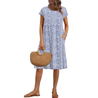 Image de AUSELILY Robe Femme d&#039;été Droite Mi Longue à Manches Courtes Robes aux Genoux Ample Décontractée Style Empire avec Poches