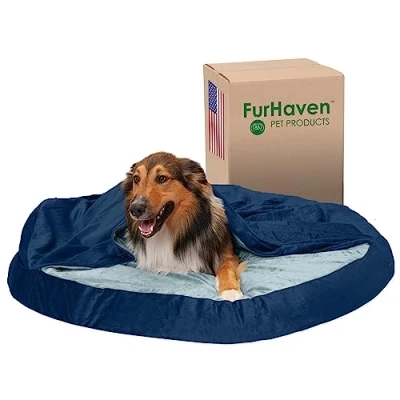 Image de FurHaven Lit Rond en Mousse à mémoire de Forme pour Chiens Grande Taille avec Housse Amovible Lavable, pesant jusqu&#039;à 36,3 kg Snuggery microvelours Bleu Marine (111,8 cm)