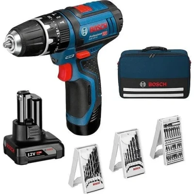 Image de Perceuse visseuse à percussion Bosch Professional GSB 12V 15, 2 batteries 2Ah et 4Ah, 1 chargeur set d&#039;accessoire 06019B690G