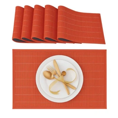 Image de Relaxdays Set de table chemin en bambou lot 6 à manger rectangle tapis antidérapant lavable, noir 30 x 45 cm