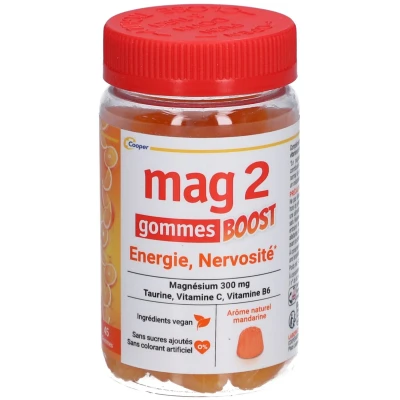 Image de MAG 2 gommes BOOST Magnésium, taurine, vitamines B6 et C anti nervosité fatigue Sans sucres ajoutés Arôme naturel de mandarine Complément alimentaire 45