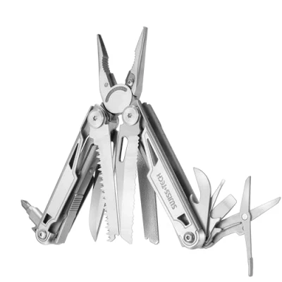 Image de Swiss+Tech Pince Multifonction en Acier Inoxydable 16 1 avec Structure Autoverrouillée, Couteau Scie, Tournevis, Règle, Lime, Ouvre Boîte pour Survie, Camping, Randonnée (Noir)