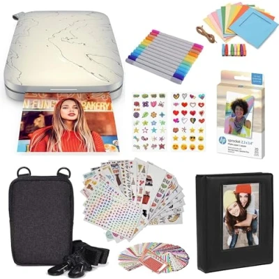 Image de HP Sprocket Select Imprimante Photo instantanée Portable 2,3 x 3,4 Pouces (Blanc) Bundle : Paquet de 20 papiers Zink, Album Photo, étui, marqueurs, Ensembles d&#039;autocollants
