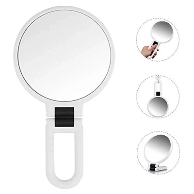Image de Miroir Maquillage Double Face Glace Grossissant X5/X1 à Main avec Pliable Poignée/Sur Pied,Miroir de Voyage pour Fille Femme,Miroir Poche Portatif,Poser Suspendu Orientable,Rond Petit (Blanc)