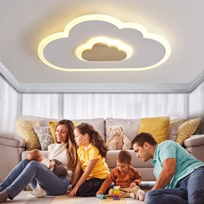 Image de Plafonnier LED Lampe moderne pour enfants salon de chambre d&#039;enfants nuage Bois Gradation en continu Avec télécommande fonction veilleuse chambre,50cm