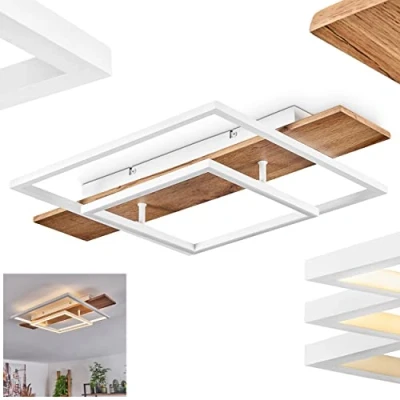 Image de plafonnier LED Pompu, à intensité variable en métal/bois/plastique blanc/naturel, luminaire variable, 24 watts, 3000 K, 1500 lumens