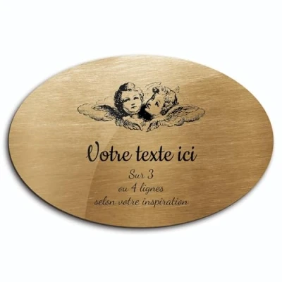 Image de Plaque gravée funéraire motif Deux têtes d&#039;anges autocollante modèle ovale (20x13 cm) personnalisée 1 à 3 lignes Or Brossé