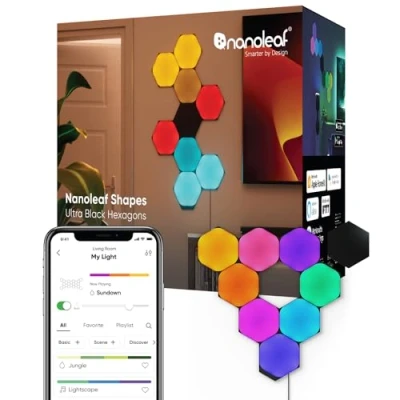 Image de Nanoleaf Shapes Ultra Black Hexagone Kit de Démarrage, 9 Panneaux Lumineux LED Connectés Appliques Murales Luminaires Intérieur Modulaires RGBW Wi Fi, Compatible Alexa, pour Salon Chambre ou Gaming