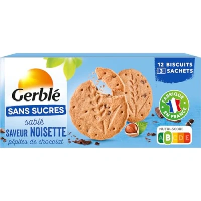 Image de Gerblé Sablés saveur Noisette Pépites de chocolat Sans Sucres, huile palme, 12 biscuits, 132 g, 216270