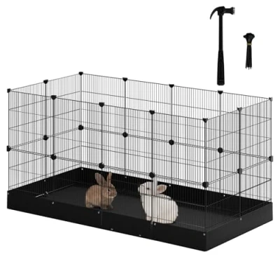 Image de EUGAD Enclos pour Lapin Extérieur, Cage Cochon d&#039;Inde avec Tapis de Fond, Parc Modulable Flexible Porte, Petits Animaux, Cavia, Hamsters, en Métal Grillagé, Noir, 140x71x71 cm