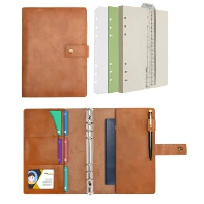 Image de Wonderpool Carnet de notes rechargeable en cuir Papier à pois intérieur véritable pour le travail voyage et l&#039;organisateur (Brun, A5)