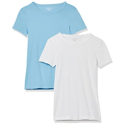 Image de Amazon Essentials T Shirt Col Rond à Manches Courtes Coupe Ajustée Femme, Lot de 2, Blanc/Bleu Clair, XXL