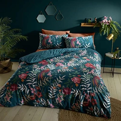 Image de Catherine Lansfield Parure de lit Simple réversible avec Housse Couette et taie d&#039;oreiller Motif Floral Tropical Vert