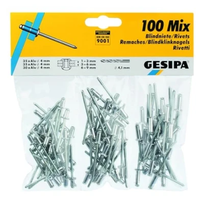 Image de Gesipa Assortiment de 100 Rivets aveugles en aluminium/acier 4 mm diamètre x 6 8 12 1433667